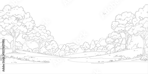 Nature park landscape outline drawing for coloring book page.