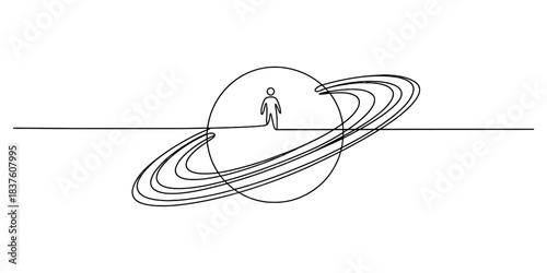 Minimalist continuous line drawing of a person standing on a horizontal line with a saturnlike planet and rings, isolated on continuous one line art of vector illustration