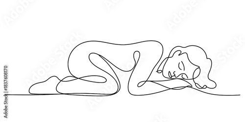 Continuous line drawing of a sleeping woman in a fetal position, isolated on continuous one line art of vector illustration