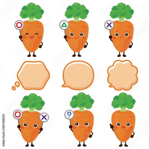 ○×△の札を持った人参のキャラクター／Cute Carrot Character Illustration Holding O, X, and Triangle Signs