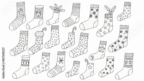 Collection of various socks with different patterns and designs, perfect for coloring books.