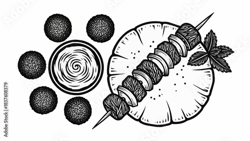 Delicious Skewered Meat and Pineapple with Dipping Sauce and Sides.