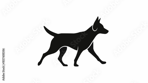 Black silhouette of a dog walking with a confident and elegant stride.