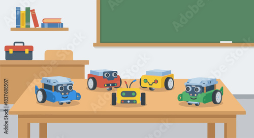 “Flat vector of small educational robots on a table with simple sensors and wheels, solid colors, minimal classroom or workshop setting.”
