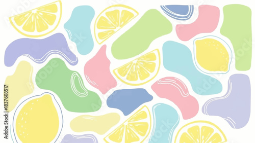 Fresh Lemon Slices and Abstract Pastel Shapes Pattern.