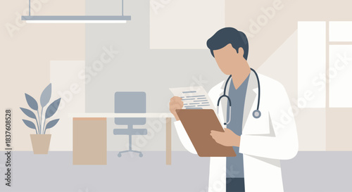 “Doctor holding a clipboard and reviewing medical notes, flat vector design, soft neutral tones, clean professional setting.”