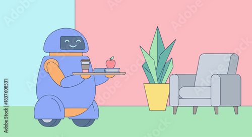 “Service robot delivering small items on a tray, flat vector design, solid pastel colors, minimal interior setting.”