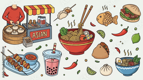 Vibrant Asian Street Food Assortment Delicious Cuisine Collection.