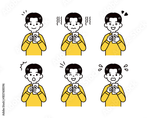 スマートフォンを操作する、いろいろな表情の10代の男性・男子学生のベクターイラスト素材セット