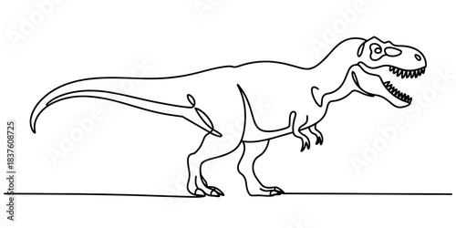 One line drawing of tyrannosaurus rex dinosaur, continuous line art style, isolated on continuous one line art of vector illustration