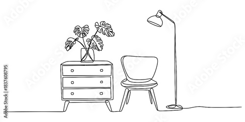 Minimalist line art drawing of a modern interior scene with a chest of drawers, a potted monstera plant, a chair, and a floor lamp, isolated on continuous one line art of vector illustration