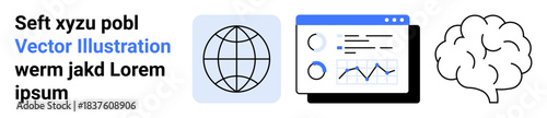Global insights, data analytics, education, brain research, technology development, business planning. Globe icon, analytics interface brain outline. Data analytics and global insights concept