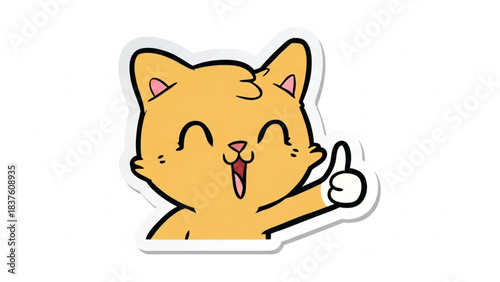 Cute 2D sticker illustration of a smiling cat giving a thumbs-up, bold outline, flat colors, simple shapes, isolated on a white background