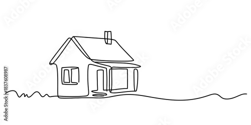 Minimalist continuous line drawing of a small house with a chimney and porch, isolated on continuous one line art of vector illustration