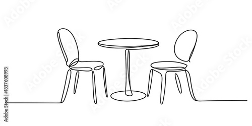 Minimalist continuous line drawing of a small round table with two chairs, isolated on continuous one line art of vector illustration