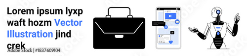 Business, technology, automation, AI integration, digital tools, innovation. A briefcase, smartphone interface and humanoid robot illustration. Business and technology conceptual connection