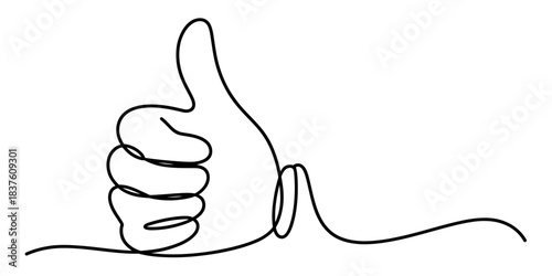 One line continuous drawing of a thumbs up gesture, isolated on continuous one line art of vector illustration