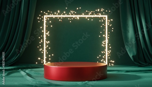 3D red round product podium and luminous square frame with fairy lights on green background.