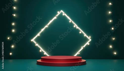 3D red round product podium and luminous square frame with fairy lights on green background.