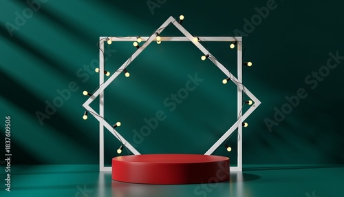 3D red round product podium and luminous square frame with fairy lights on green background.