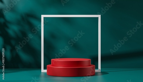 3D red round product podium and white square frame with fairy lights on green background.