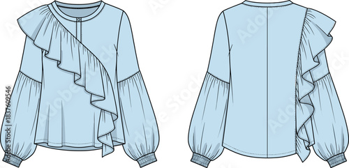 Elegant Light Blue Ruffled Blouse Technical Fashion Flat Sketch: Long Balloon Sleeves with Smocked Cuffs, Front Frill Detail, Round Neck, Women's Apparel Vector CAD.