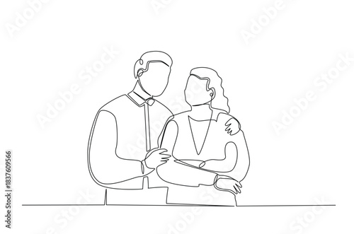 Continuous one line drawing of romantic couple Hugging. single-line art illustration depicting an young couple sharing a loving, comforting embrace. Editable vector.