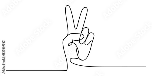 One line drawing of a hand making the peace sign or victory sign, isolated on continuous one line art of vector illustration