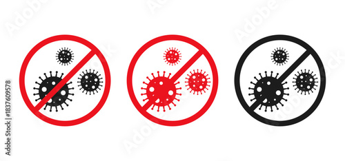 No Virus Prohibition Sign Icons Set. Stop Germs Red and Black Ban Symbols. Collection of Coronavirus and Bacteria Forbidden Signs