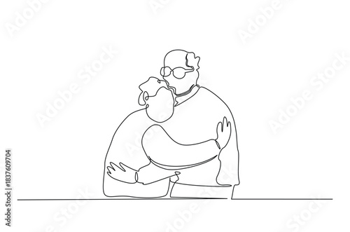 Continuous one line drawing of elderly couple Hugging. single-line art illustration depicting an elderly couple sharing a loving, comforting embrace. Editable vector.