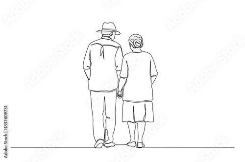 Continuous one line drawing of elderly couple walk away. single-line art illustration depicting an elderly couple sharing a loving, comforting embrace. Editable vector.