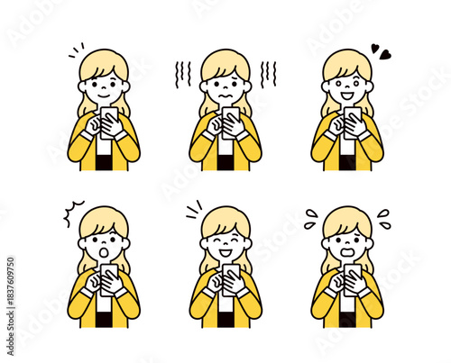 スマートフォンを操作する、いろいろな表情の若い女性・主婦のベクターイラスト素材セット