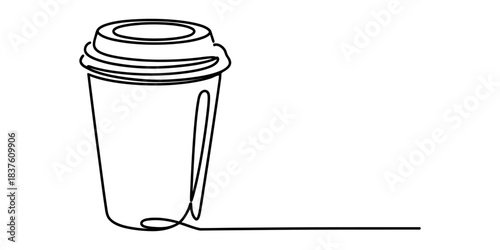 Continuous line drawing of a disposable coffee cup with lid, isolated on, minimalist vector art continuous one line art of vector illustration