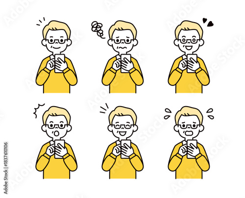 スマートフォンを操作する、いろいろな表情のシニア世代の男性・祖父のベクターイラスト素材セット