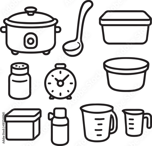 Slow Cooking Tools Line Art Icon Set.eps