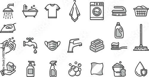 Hygiene and Sanitation Line Icons Set: Washing, Cleaning, Laundry, Ironing, Bathroom, and Personal Care Collection Including Soap, Water, Mask, Mop, Brush, and Towel for Health and Safety Protection.
