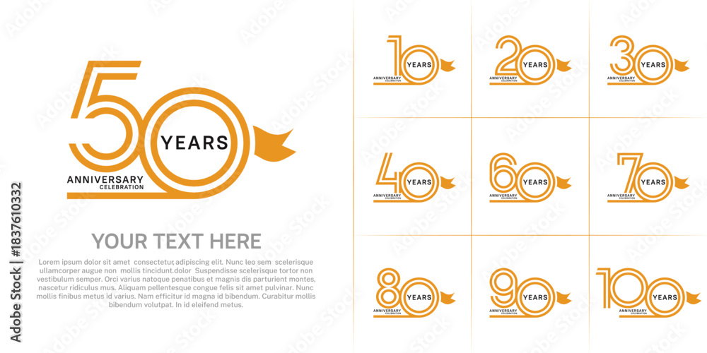 Fototapeta premium Anniversary logo style double line number set with ribbon. orange color on white background for celebration event