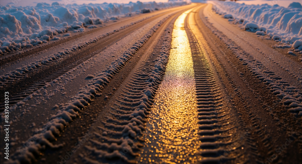 Obraz premium Close-up of tire tracks on a snowy road with a golden sunset reflection. Icy and wet asphalt in winter. Cold weather driving conditions
