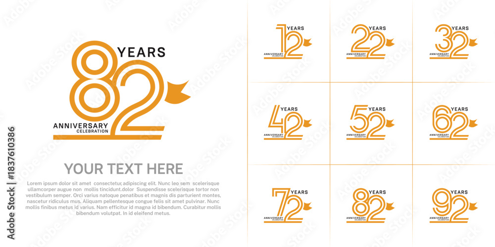 Fototapeta premium Anniversary logo style double line number set with ribbon. orange color on white background for celebration event