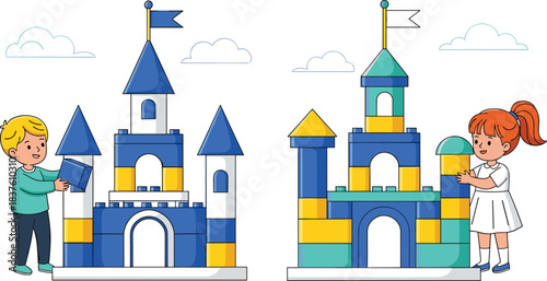 Kids Playing Toy Castle Blocks Creative Illustration, Children Building Imagination Kingdom Fortress, Preschool Boy and Girl Playtime Activity, Childhood Development Vector Design Isolated on White.