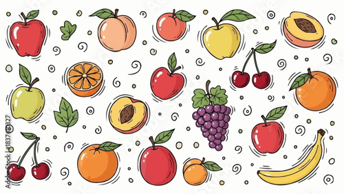 Vibrant Assortment of Fresh Fruits and Berries Hand Drawn Style.