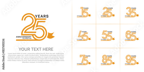 Anniversary logo style double line number set with ribbon. orange color on white background for celebration event