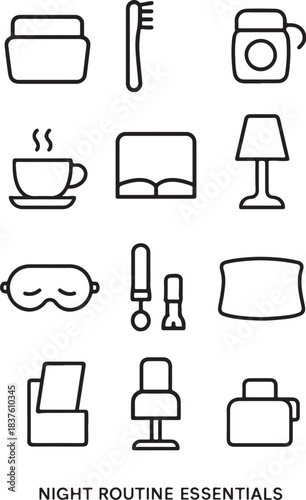 Night Routine Essentials Line Art Icon Set.eps