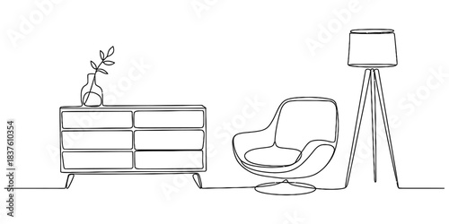 Minimalist line art drawing of modern furniture chest of drawers, armchair, and floor lamp with vase and plant, isolated on continuous one line art of vector illustration