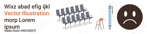 Business, communication, workplace, office settings, team concept, professional tools. A row of office chairs, a stool a pen and a sad face symbol. Business and communication conceptual design