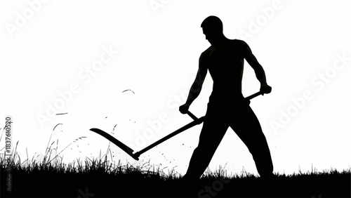 Silhouette of a farmer harvesting grass with a scythe.