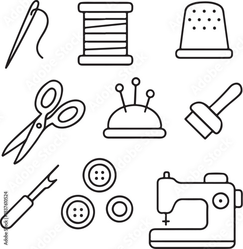Sewing Tools Line Art Icon Set.eps