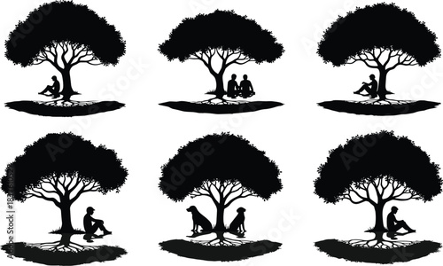 Nature's Serenity: Majestic Oak Tree Silhouette with Roots, Featuring People and Dogs Resting in Shade, Symbolizing Calmness, Companionship, and Solitude in a Peaceful, Tranquil Outdoors Environment.