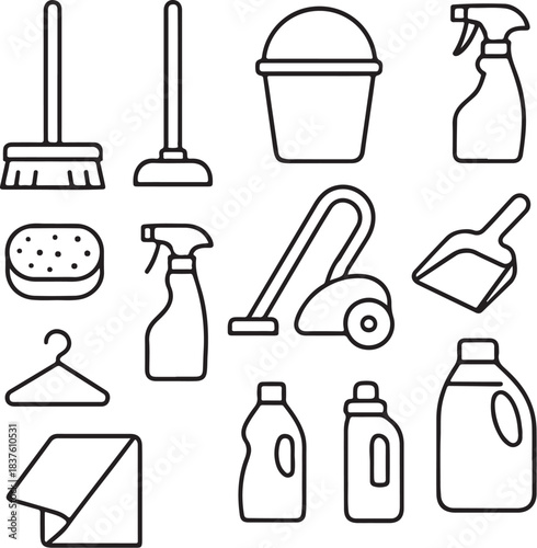 Cleaning Tools Line Art Icon Set.eps
