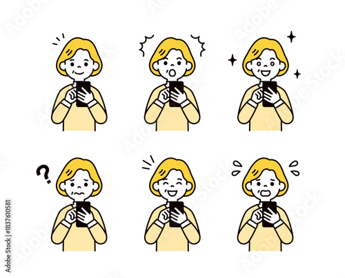 スマートフォンを操作する、いろいろな表情のシニア世代の女性・祖母のベクターイラスト素材セット